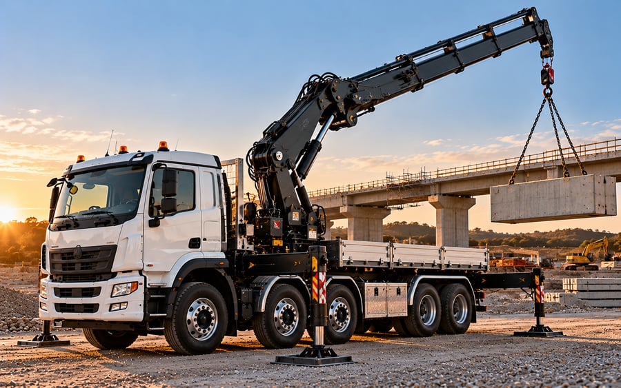 Heavy-duty multi-axle crane truck with outriggers deployed lifting a concrete beam beside an overpass, crane truck finance
