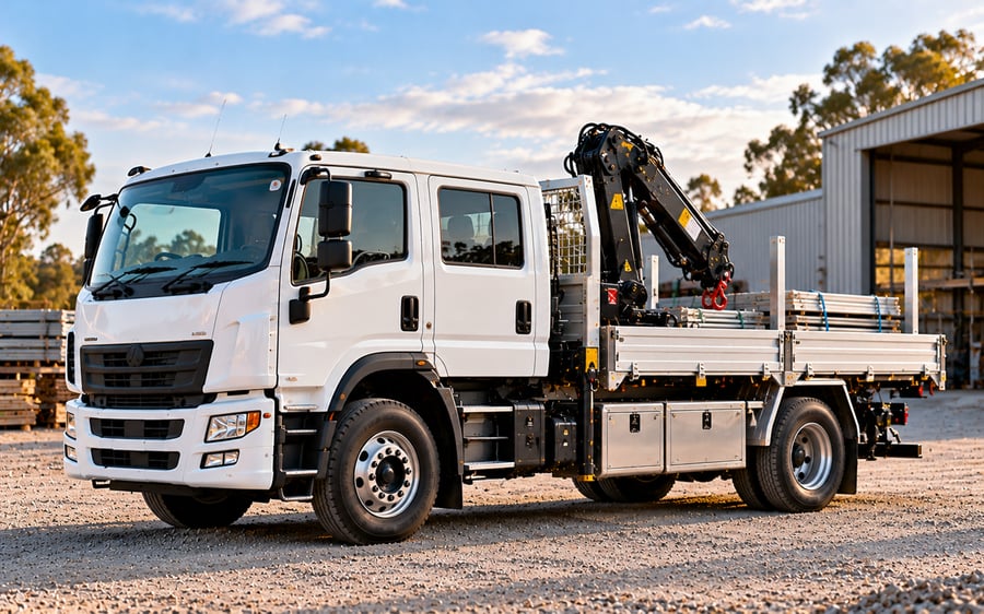 Dual-cab crane truck with a crew cab and a tray-mounted crane carrying scaffold tube, crane truck finance