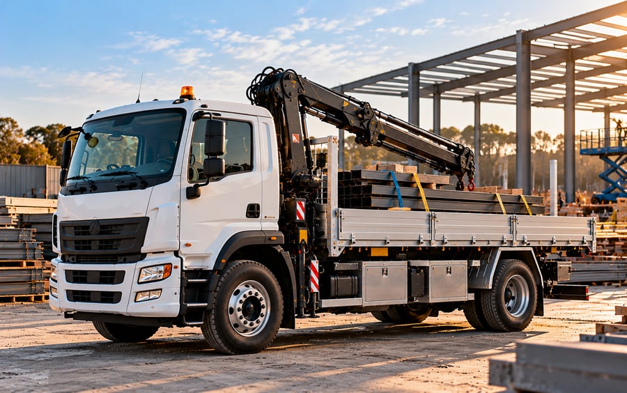 Tray-top crane truck carrying steel bundles with the crane mounted behind the cab beside a steel-frame building, crane truck finance