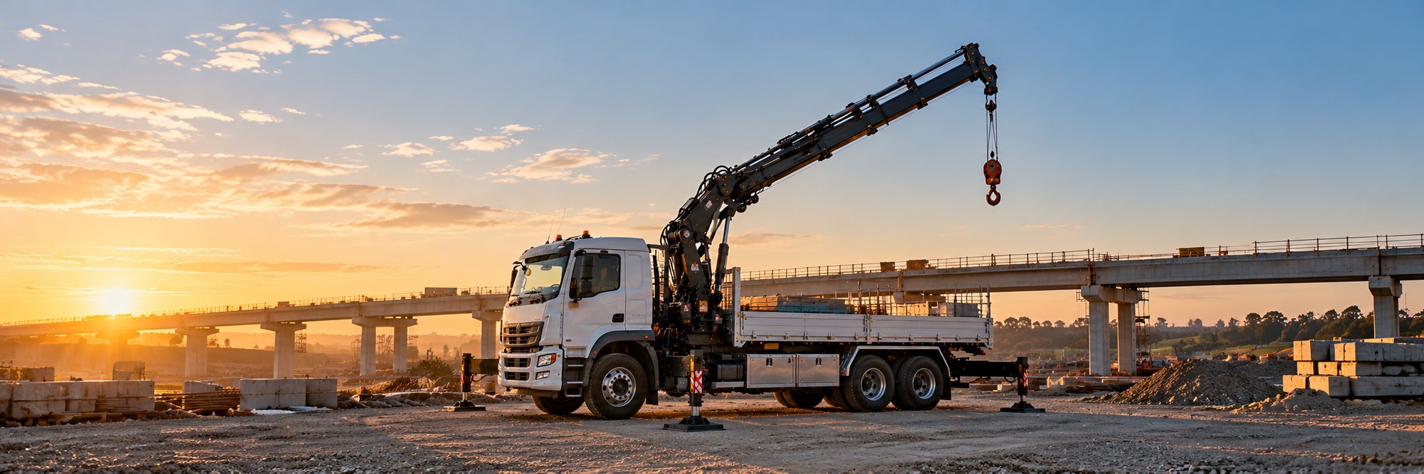 White crane truck with outriggers deployed and the boom raised at a bridge construction site at sunset