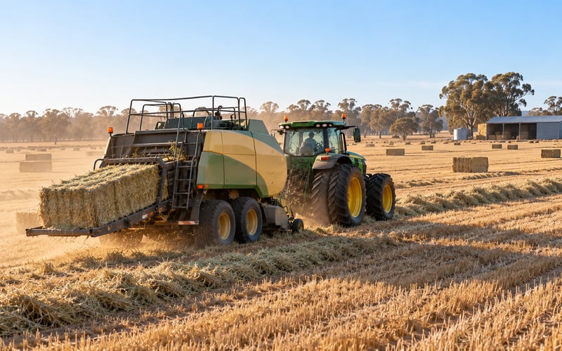 Tractor and large square baler making hay in the Riverina, baler finance