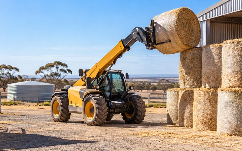 Farm telehandler stacking hay bales beside a shed in South Australia, telehandler finance