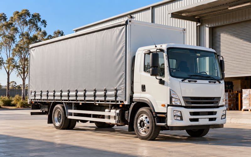 Medium-duty curtainsider rigid truck at a distribution centre, rigid and curtainsider truck finance