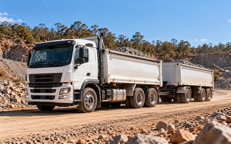 Tipper truck with a dog trailer on a quarry road, tipper truck finance