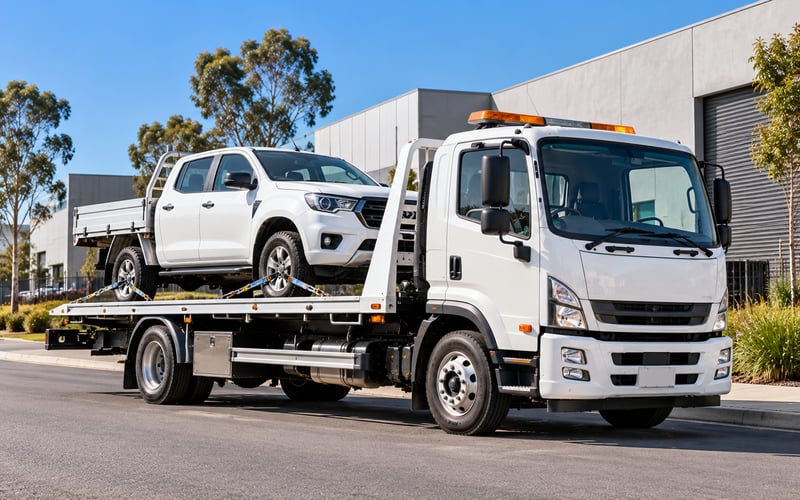 Tilt tray tow truck carrying a ute on an industrial estate road, tow truck and tilt tray finance