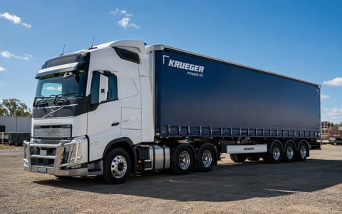 Volvo prime mover towing a Krueger curtainsider trailer, the same photo live on the /trailer-finance page