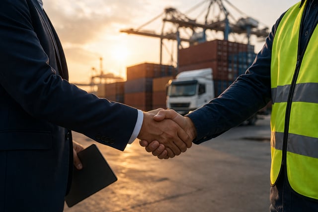 Business finance specialist shaking hands with a client at a freight yard