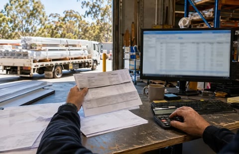 Business owner reviewing an invoice at a desk with a supply delivery truck outside