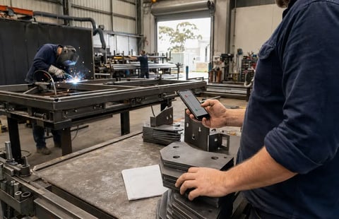 Manufacturing worker checking a phone at a fabrication bench while work continues