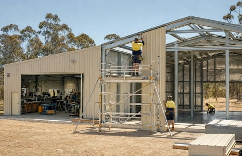 Tradespeople building a steel-frame workshop extension