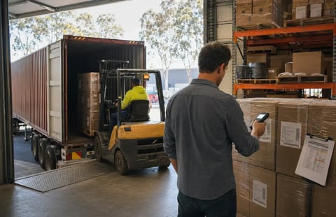 Forklift unloading a shipping container while a worker scans stock in a warehouse