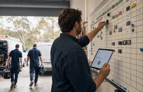 Trade services business owner reviewing a job board and tablet dashboard