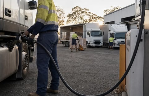 Transport worker refuelling a truck at a depot with other trucks in the yard