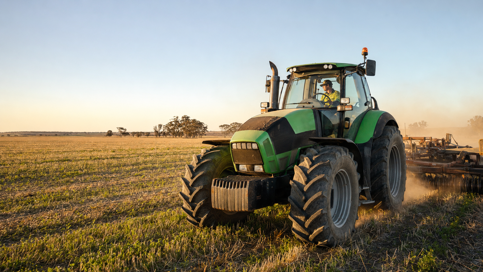 Australian farmer operating a modern tractor in a broadacre cropping paddock in warm afternoon light