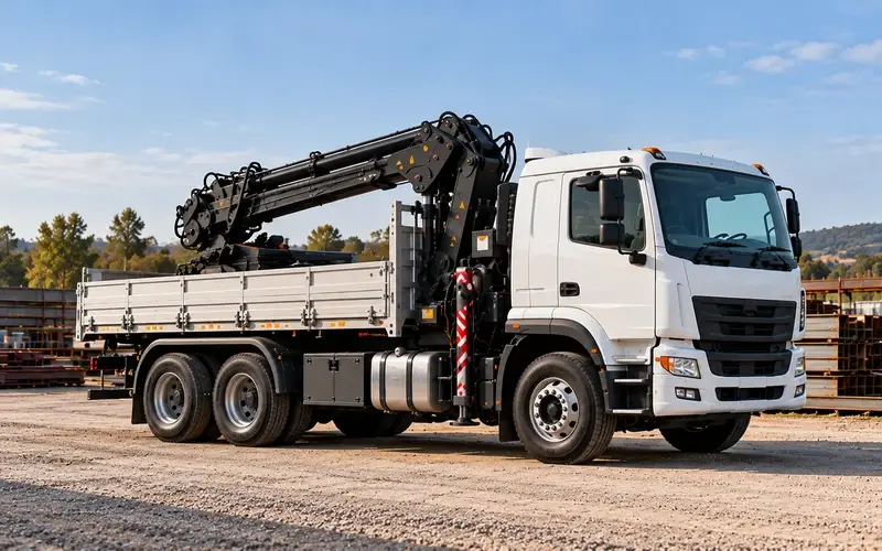 HIAB-style truck mounted crane on a rigid truck with the boom folded, crane truck finance