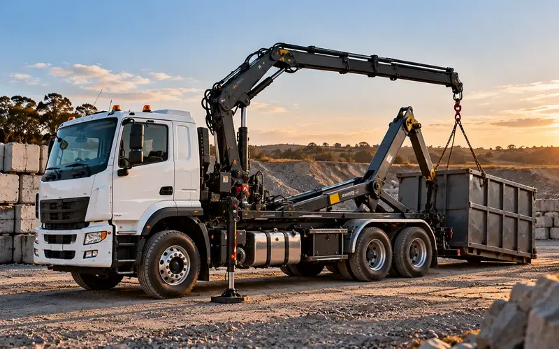 Hook-lift crane truck carrying a bin on a swappable body, crane truck finance