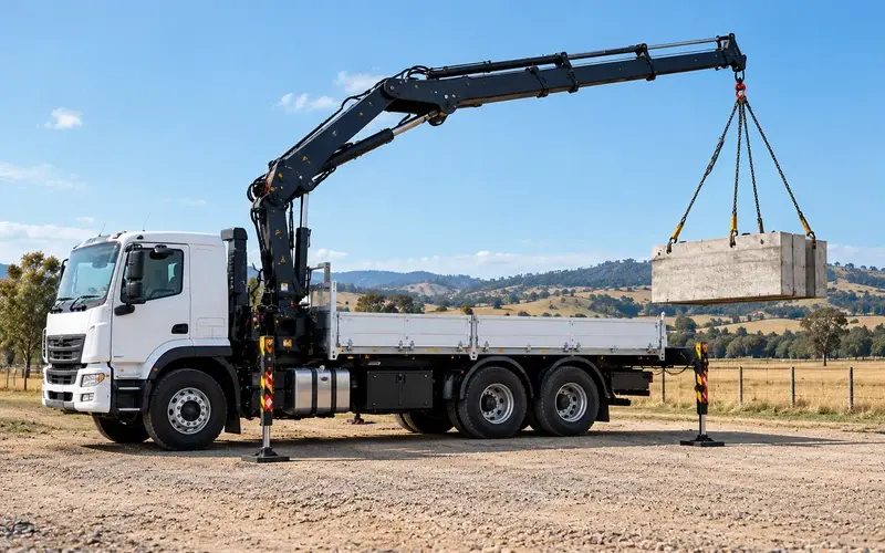 Knuckle-boom crane truck lifting a concrete block, crane truck finance