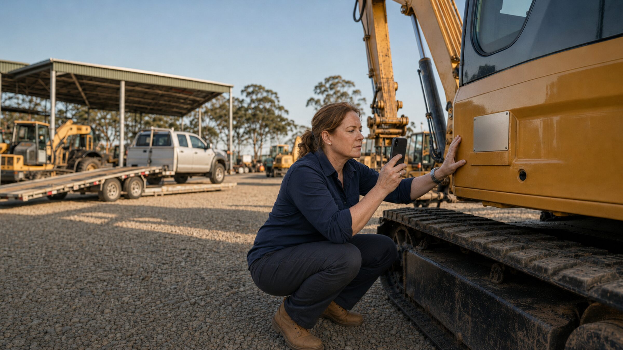 Australian business owner crouched beside a used excavator at an auction yard, photographing the machine data plate with her phone before the sale