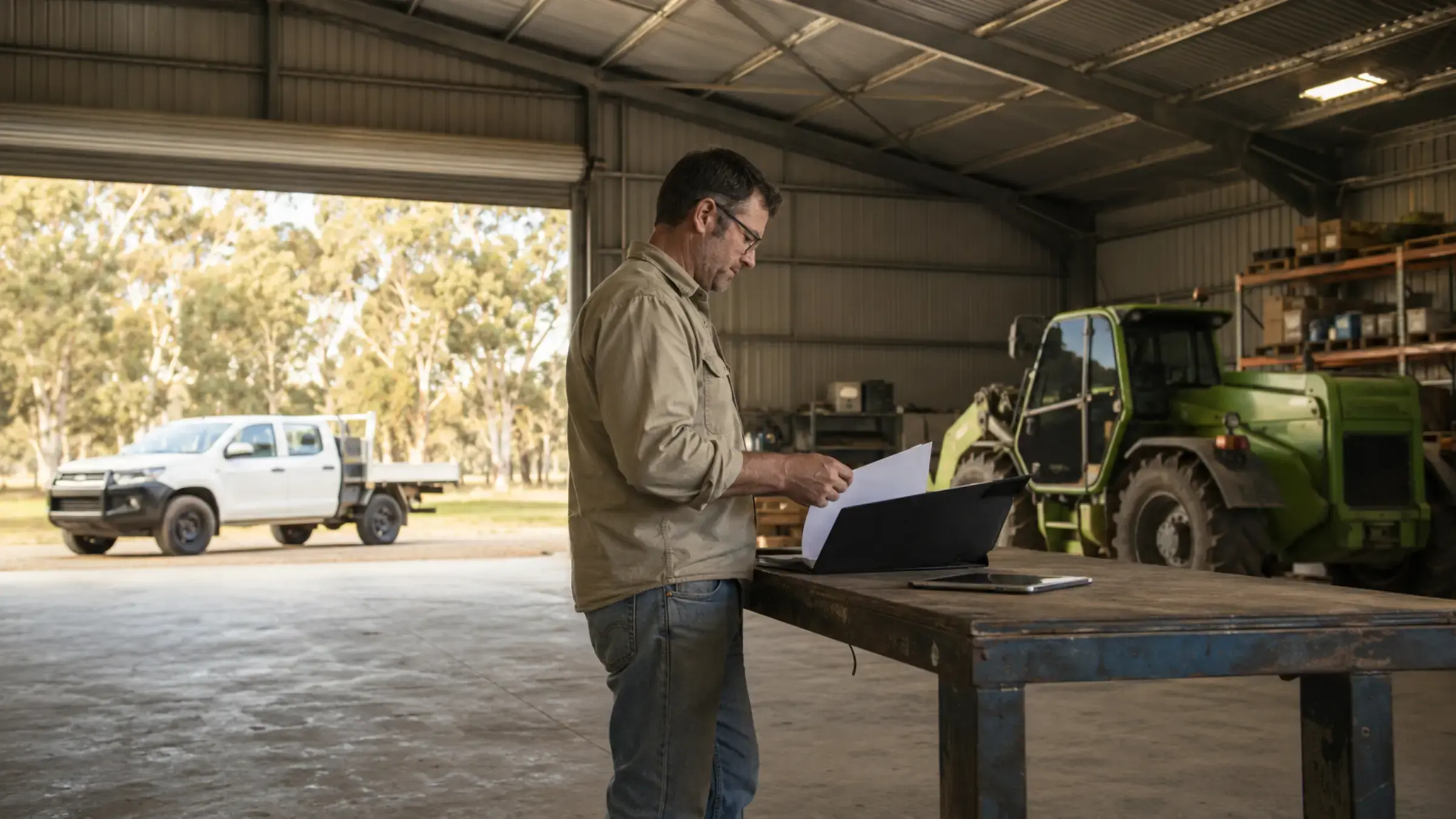 Australian operator reviewing finance paperwork at a workbench in a machinery shed