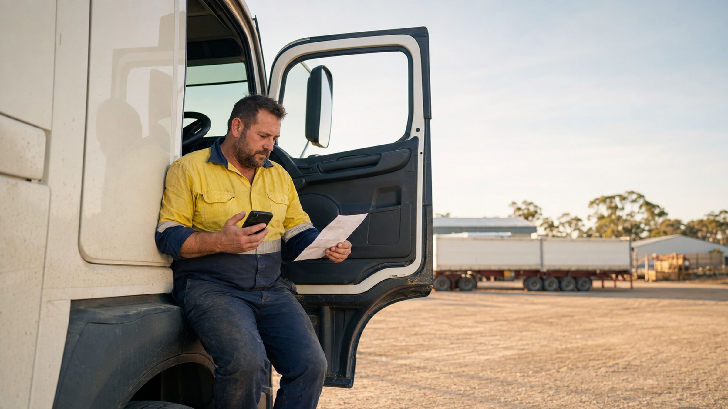 Australian transport operator reviewing a delivery docket and phone in the cab doorway of a prime mover at a regional depot in late afternoon light