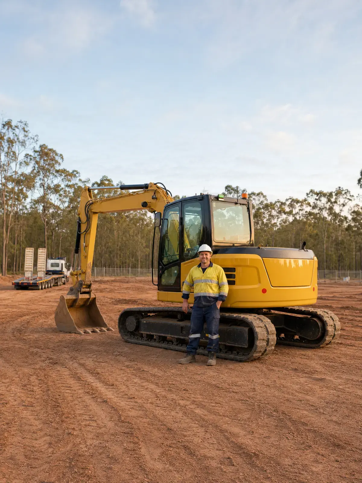 Construction business owner with his newly delivered excavator