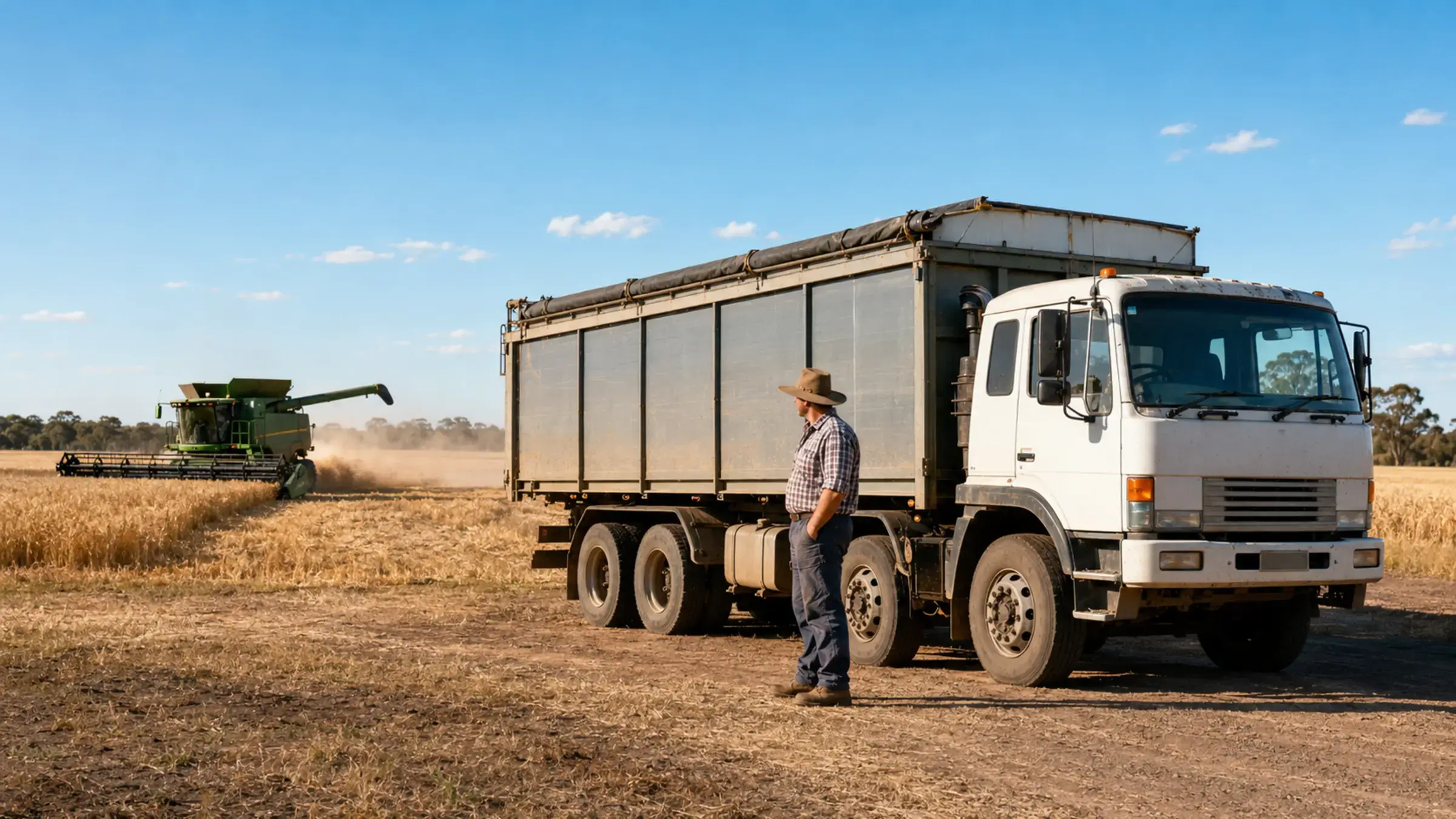 Australian farm grain truck at harvest with a header working behind, financed through Equifund seasonal truck finance
