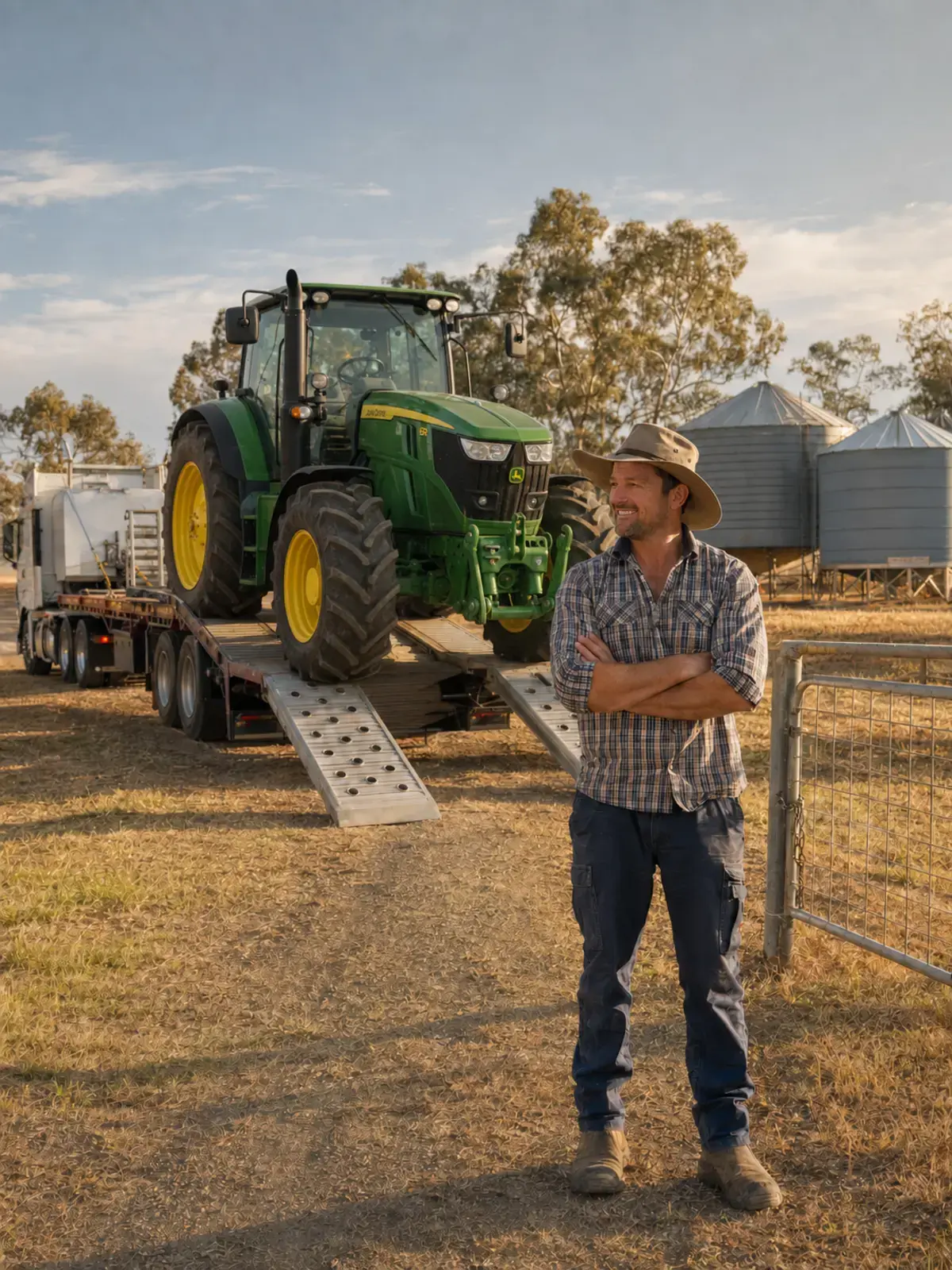 Farmer watching his new tractor being delivered at the farm gate