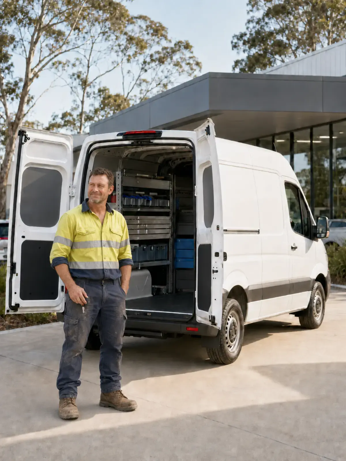 Tradesman collecting his new van from the dealership