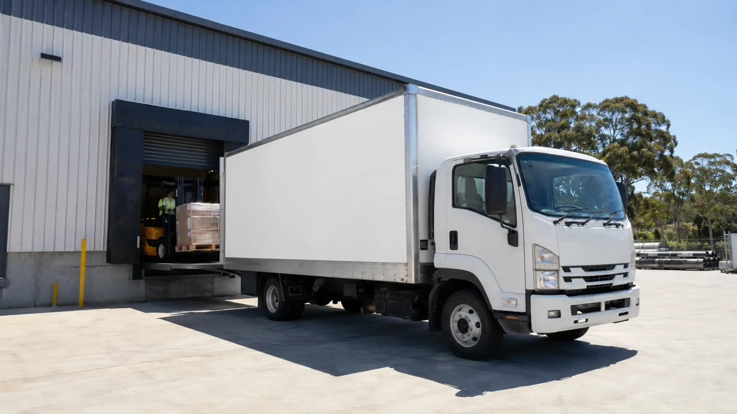 Manufacturing company delivery truck at an Australian warehouse loading dock, financed through Equifund