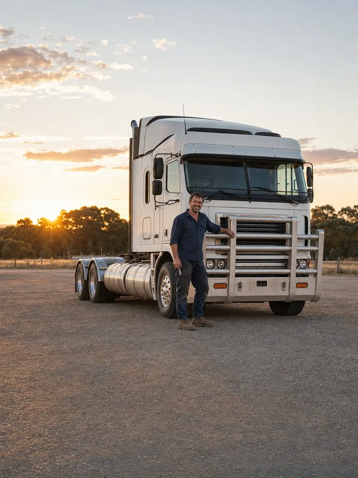 Owner-driver with his new prime mover at sunrise