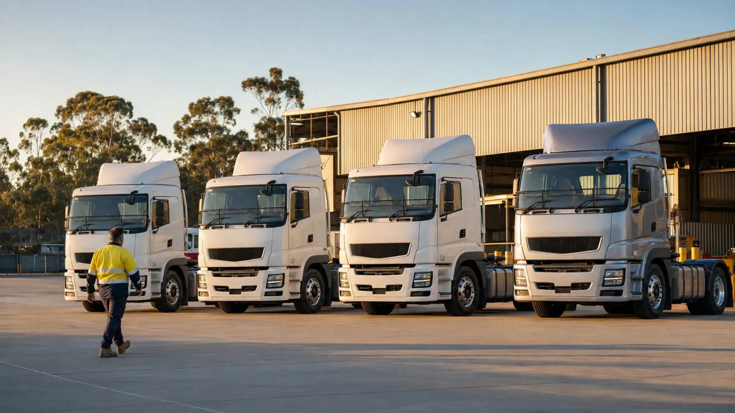 A fleet of prime mover trucks lined up at an Australian transport depot at dawn, with an operator in hi-vis walking towards them