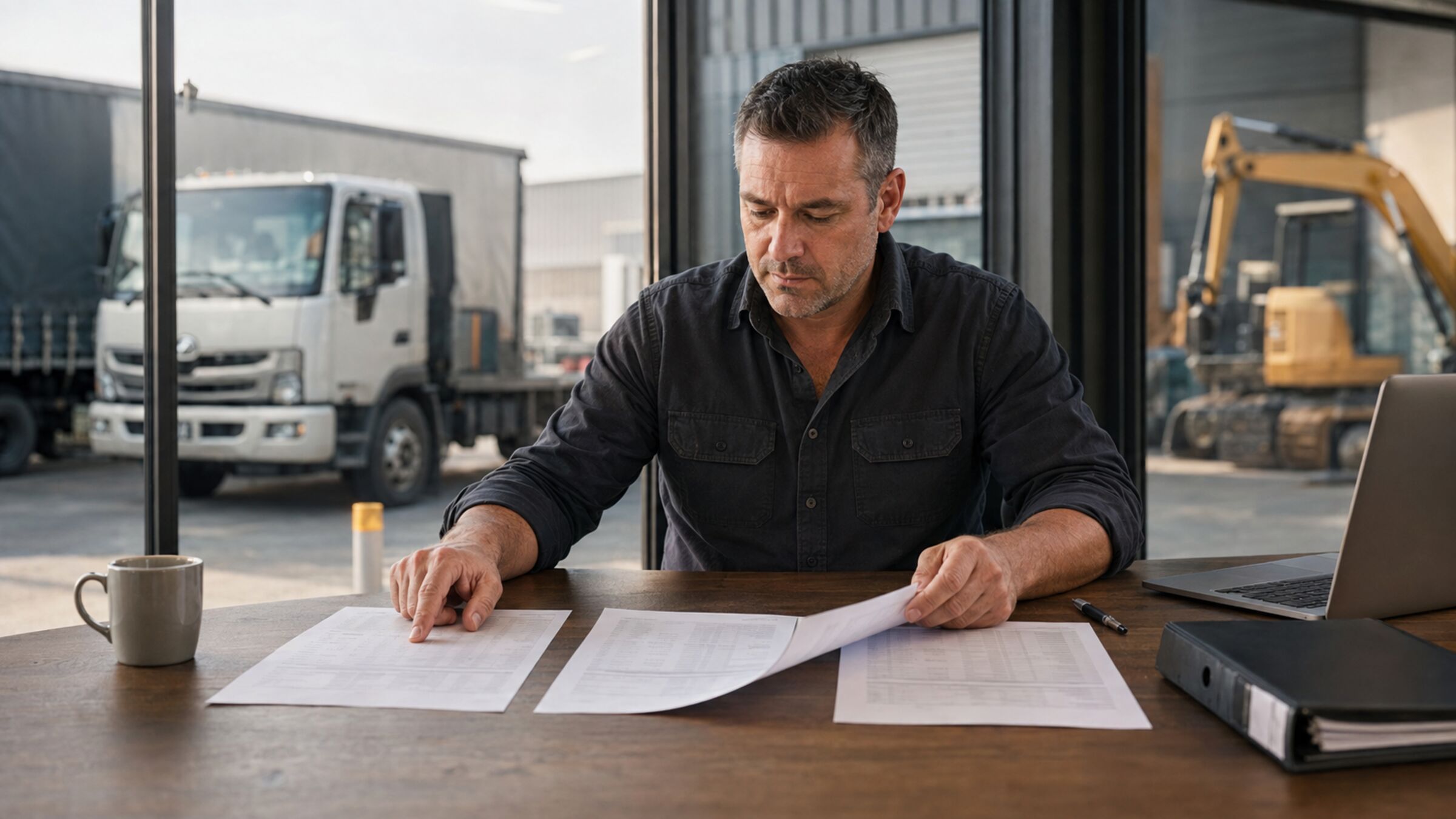Australian transport operator comparing three finance documents laid out on a desk, with a truck and an excavator visible through the yard windows behind