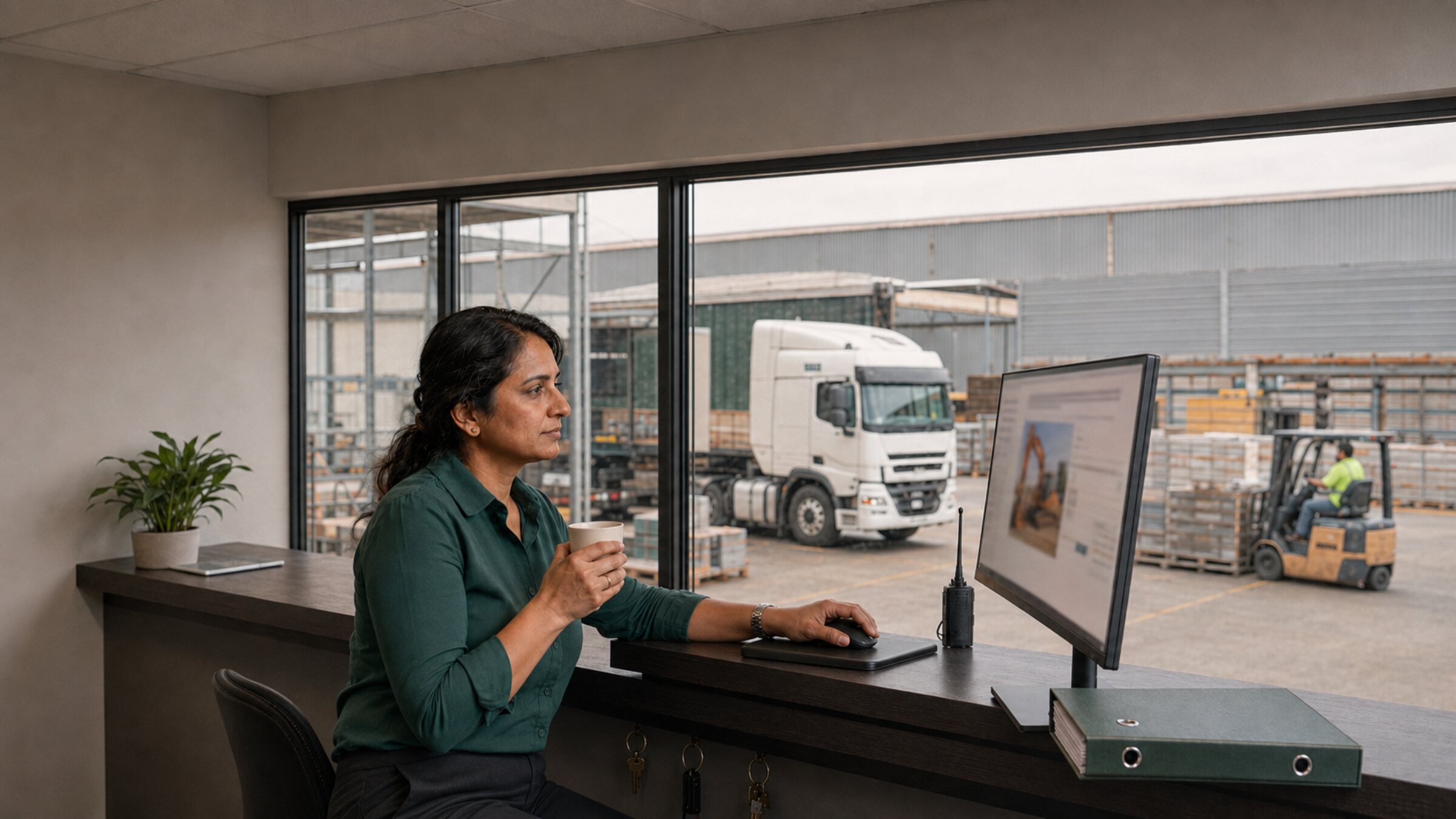 Australian transport business owner bidding online at a yard office desk, an auction listing for an excavator on screen and a truck in the yard behind