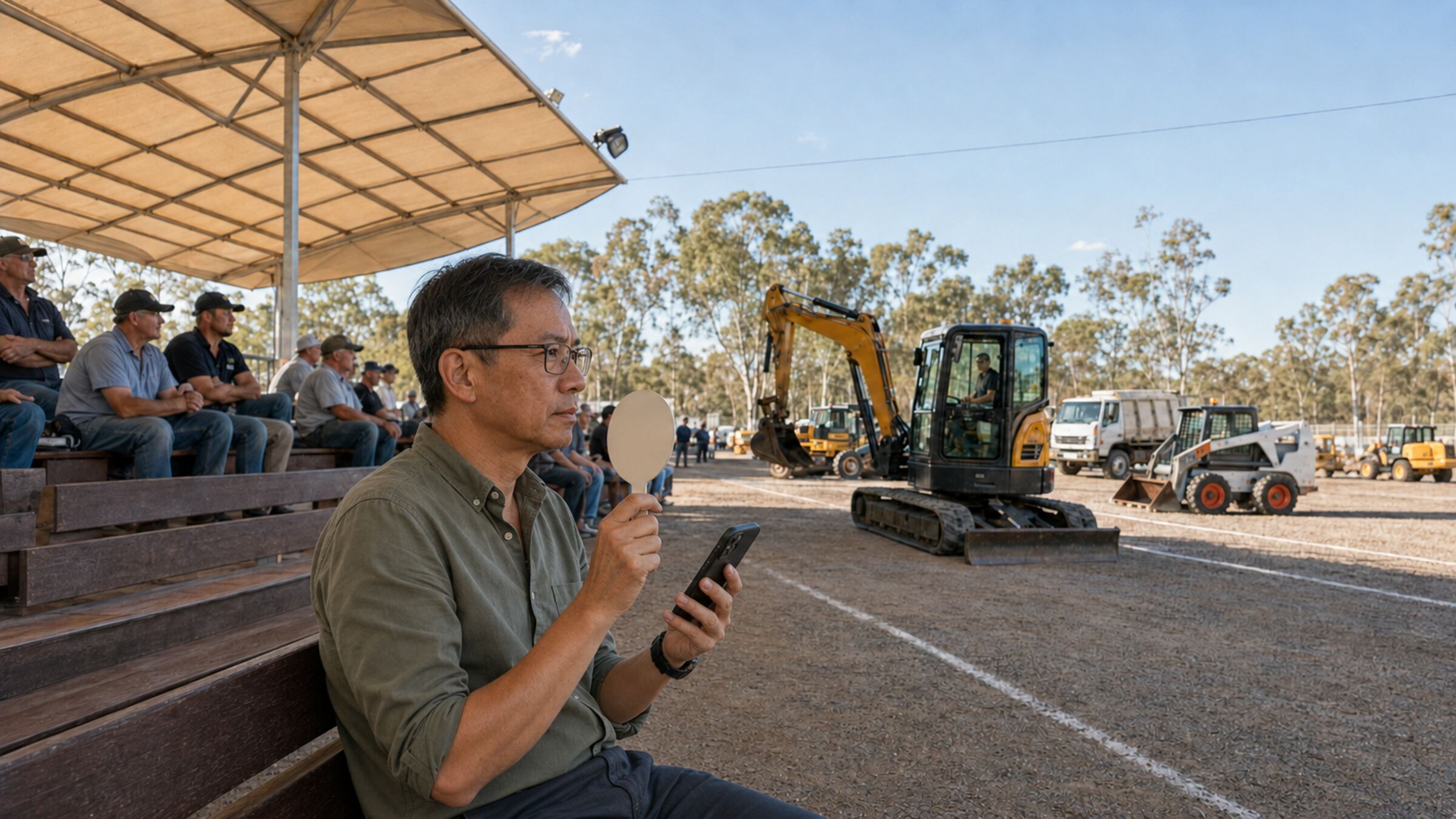 Australian buyer seated at a machinery auction holding a bidding paddle and checking his phone, with excavators, a skid steer and trucks in the yard behind