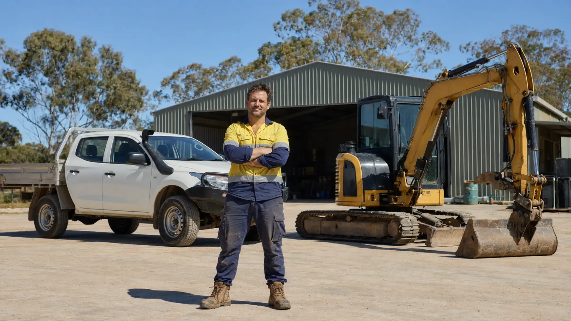 Established Australian ABN business owner with a work ute and excavator at their yard, ready to apply for equipment finance