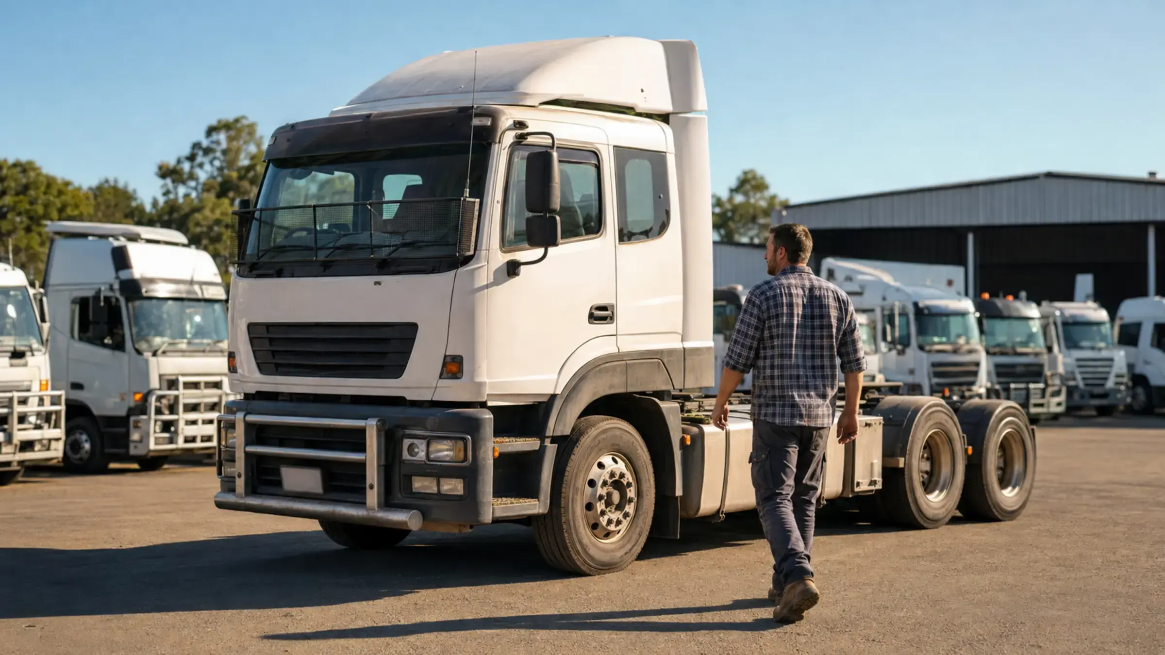Owner-operator inspecting a used prime mover at an Australian truck dealership, considering used truck finance
