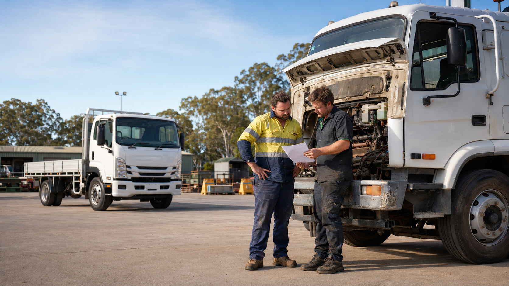 Two Australian operators inspecting the engine of an ageing truck at a depot, weighing up whether to repair or replace it, with a newer truck parked behind