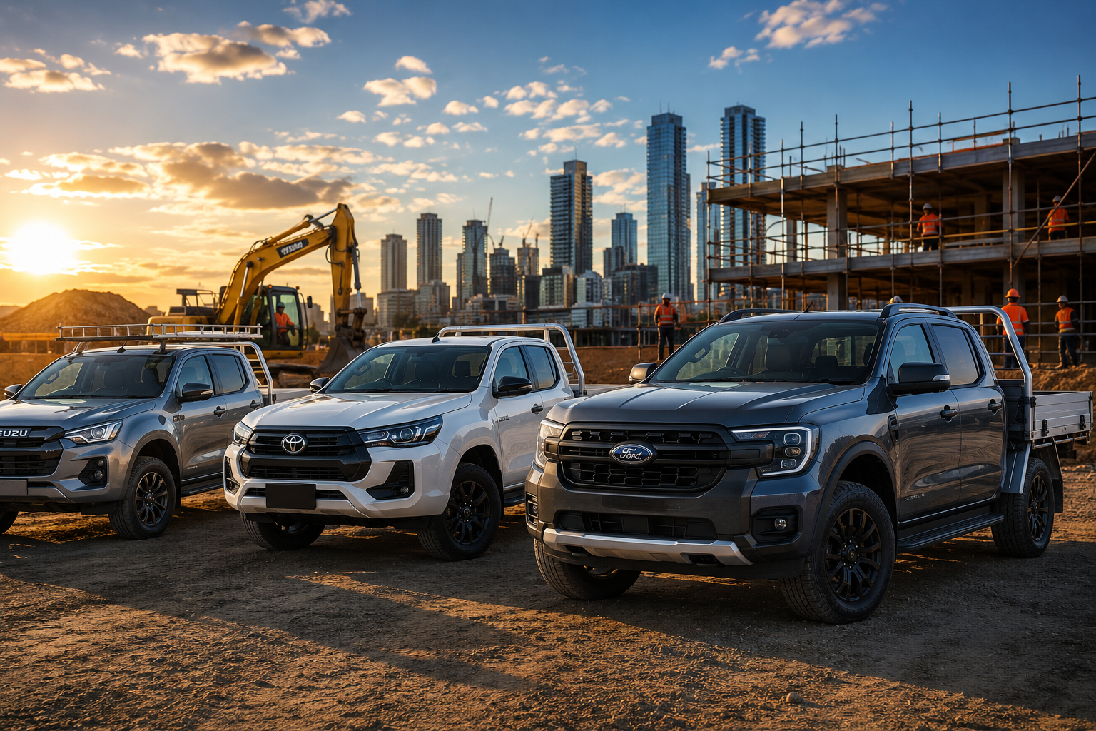 Australian tradies and fleet buyers with dual cab utes on a worksite, top-selling utes Australia 2026 market analysis
