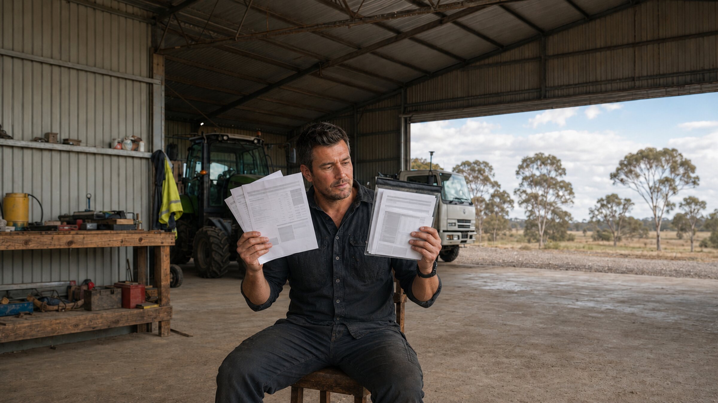 Australian farm operator seated in a machinery shed comparing bank statements and financial documents held up in both hands, with a tractor and a truck behind