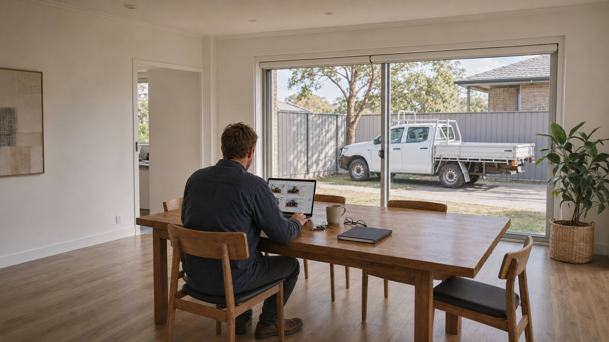 Australian business owner reviewing an online machinery auction catalogue on a laptop at home.