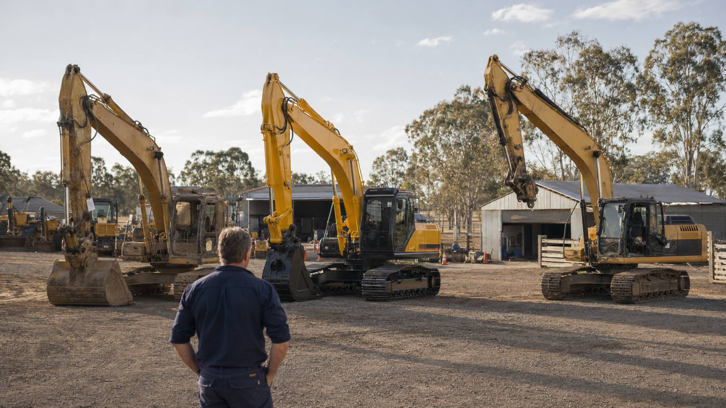 Australian business owner comparing three used excavators at a regional machinery yard