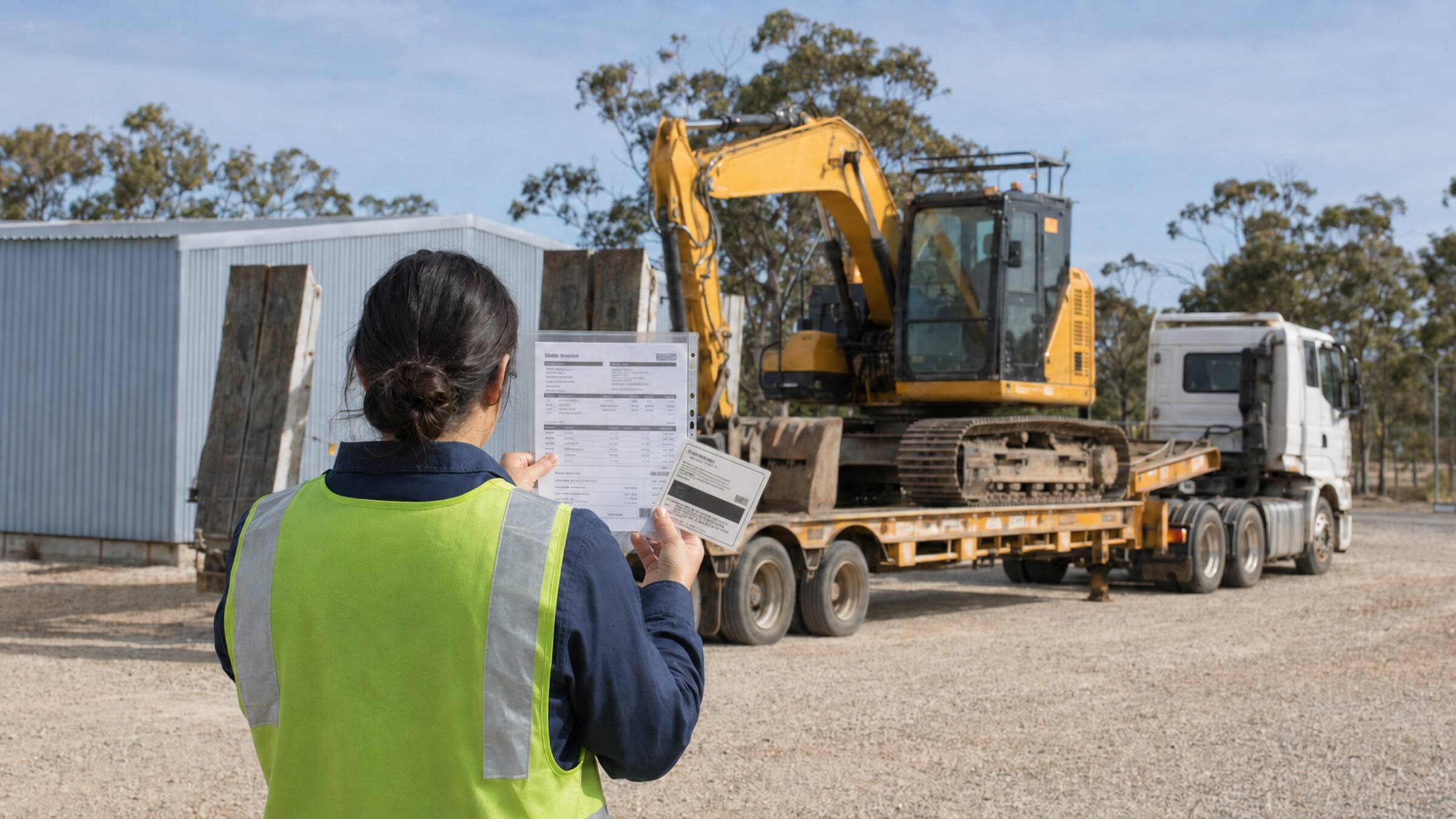 Australian business owner checking a detailed auction invoice while an excavator is loaded onto a transport float.
