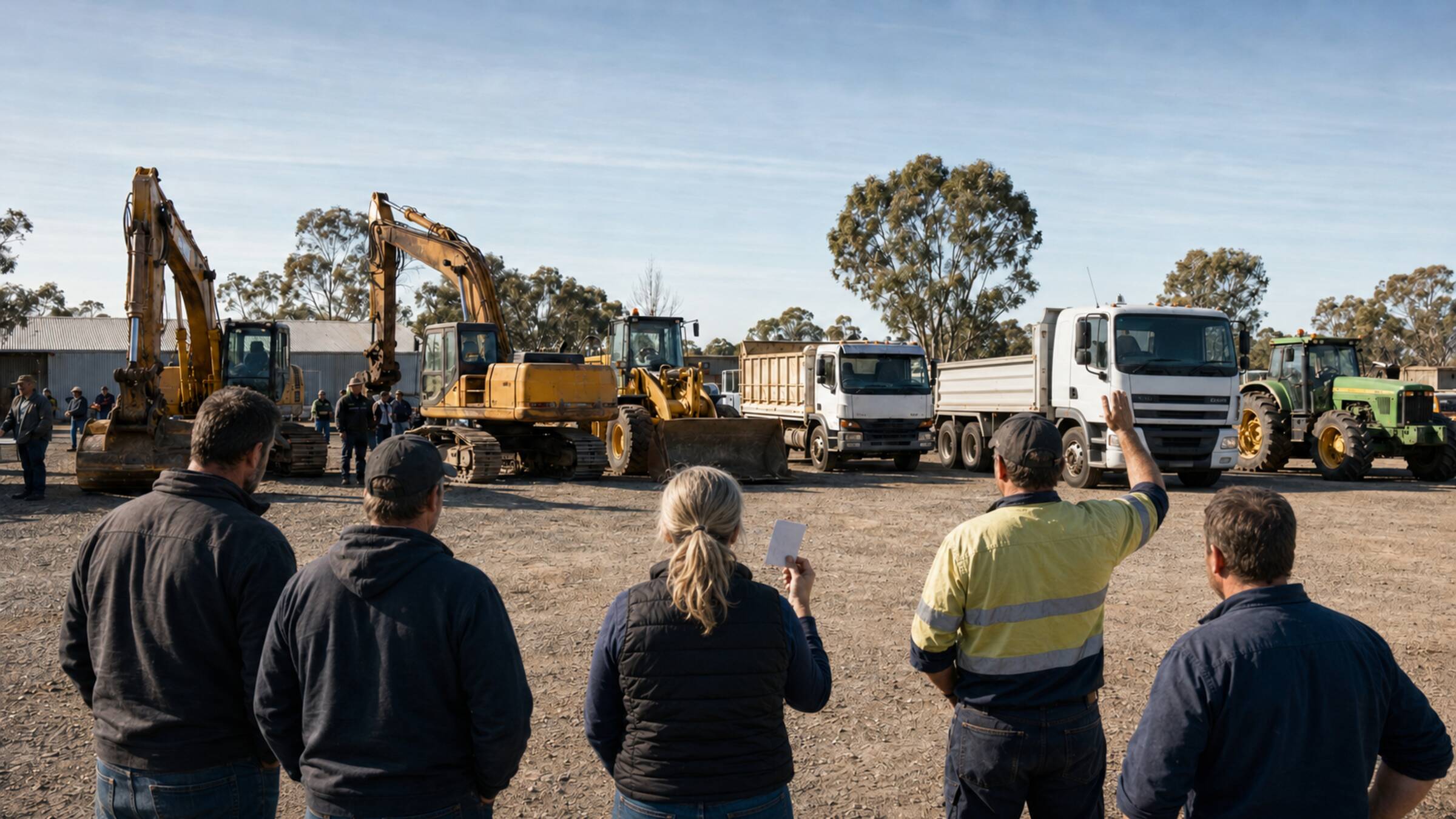 Australian equipment buyers bidding on excavators, trucks and machinery at a regional auction yard.