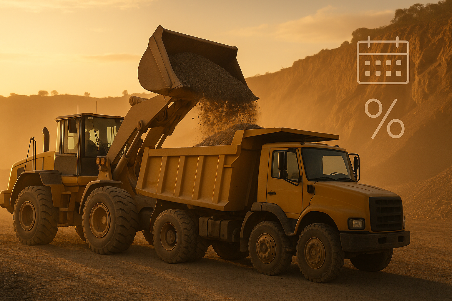 Wheel loader tipping aggregate into a dump truck at an Australian quarry with subtle finance icon overlay