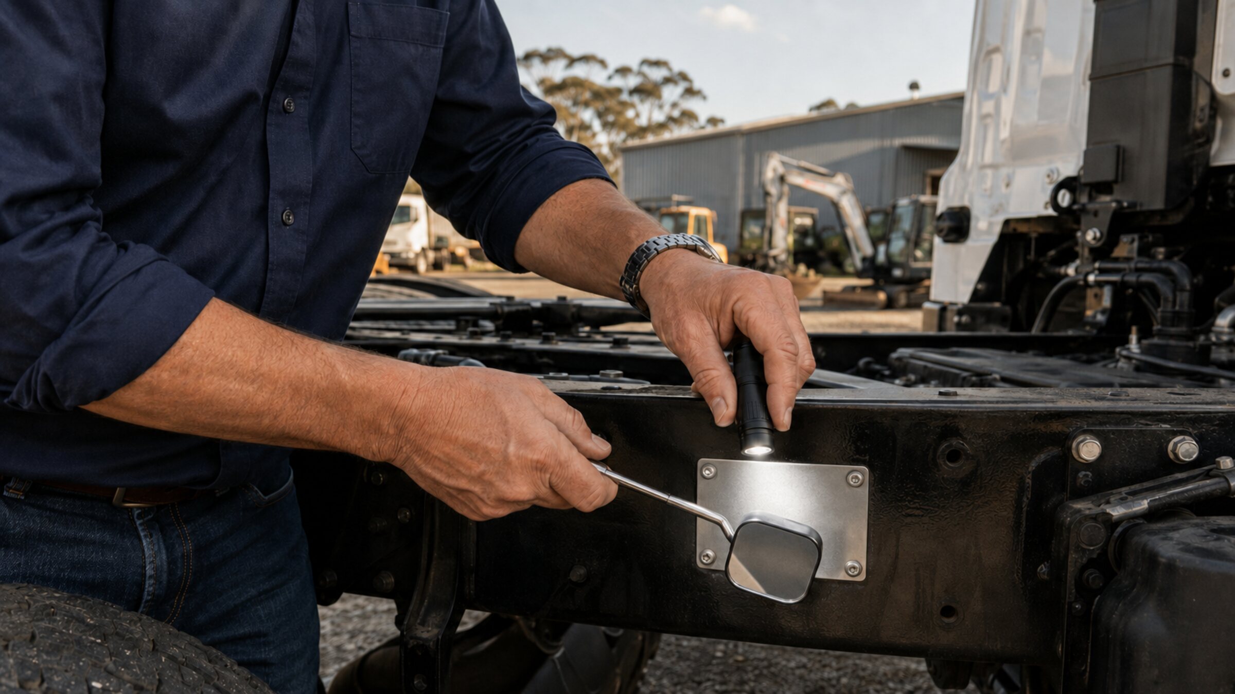 Australian business owner checking a truck identification plate before bidding at an equipment auction.